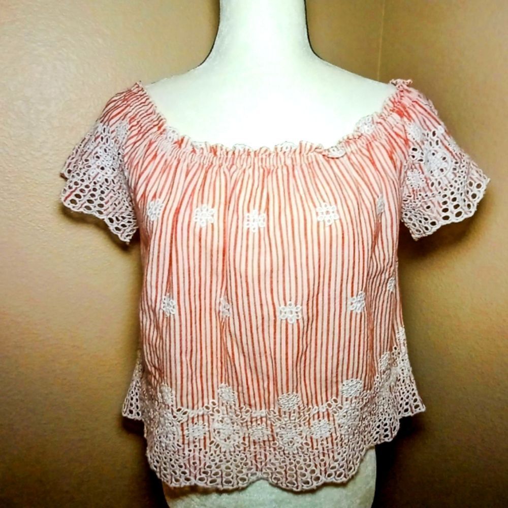 Hollister eyelet off shoulder embroidered blouse